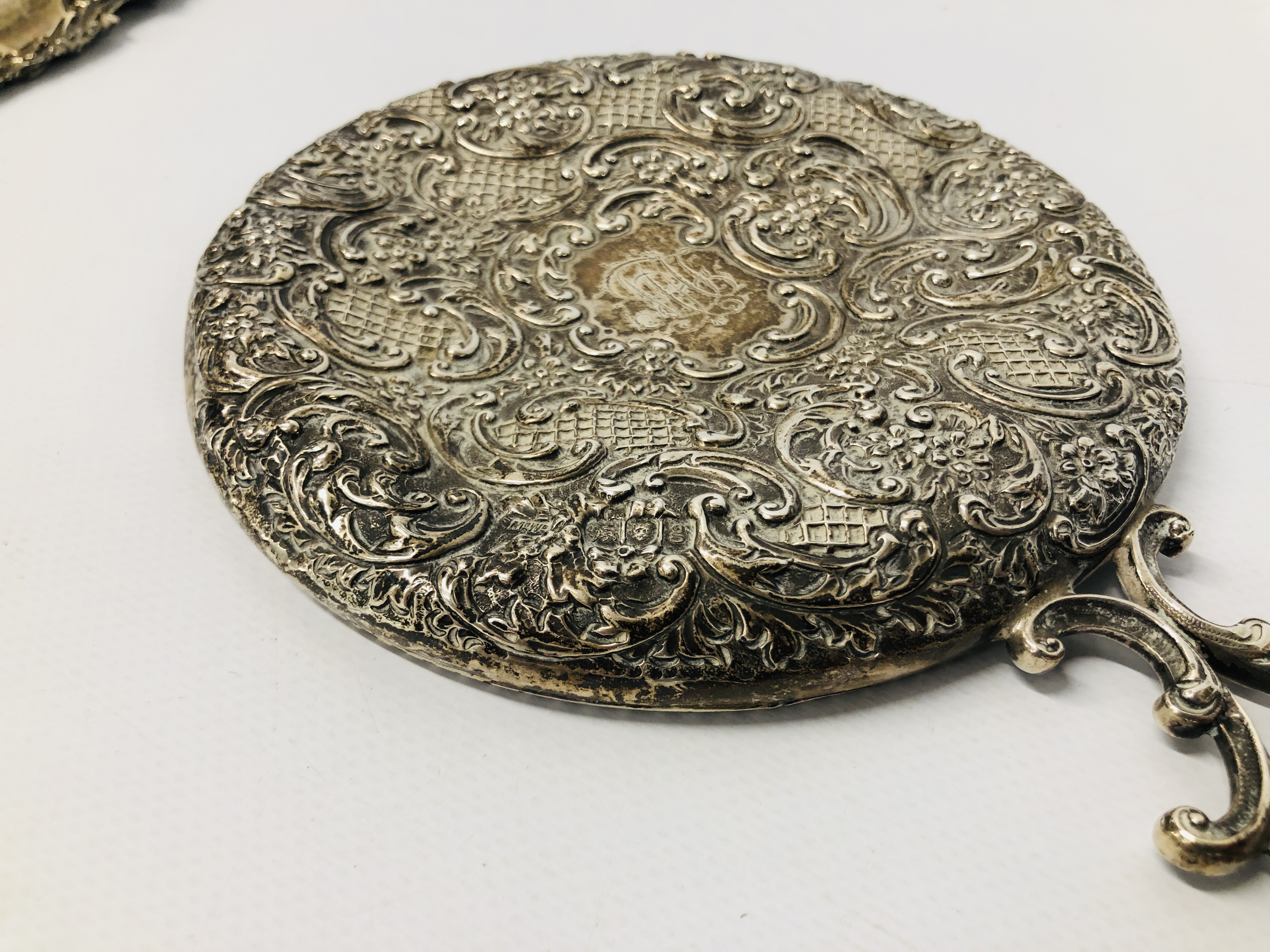 VINTAGE SILVER BACKED HAND HELD MIRROR ALONG WITH A VINTAGE SILVER DISH BIRMINGHAM ASSAY J.G. - Image 11 of 16