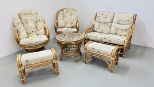 A SIX PIECE DARO LIMITED QUALITY CANE CONSERVATORY SUITE COMPRISING OF TWO SEATER SOFA,