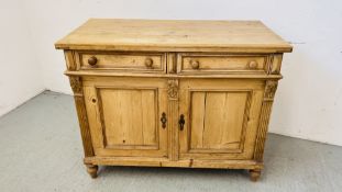 ANTIQUE WAXED PINE TWO DRAWER TWO DOOR DRESSER BASE A/F WIDTH 100CM. DEPTH 47CM. HEIGHT 82CM.