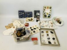 VINTAGE TIN OF ASSORTED ROCK, MINERAL AND FOSSIL SAMPLES.