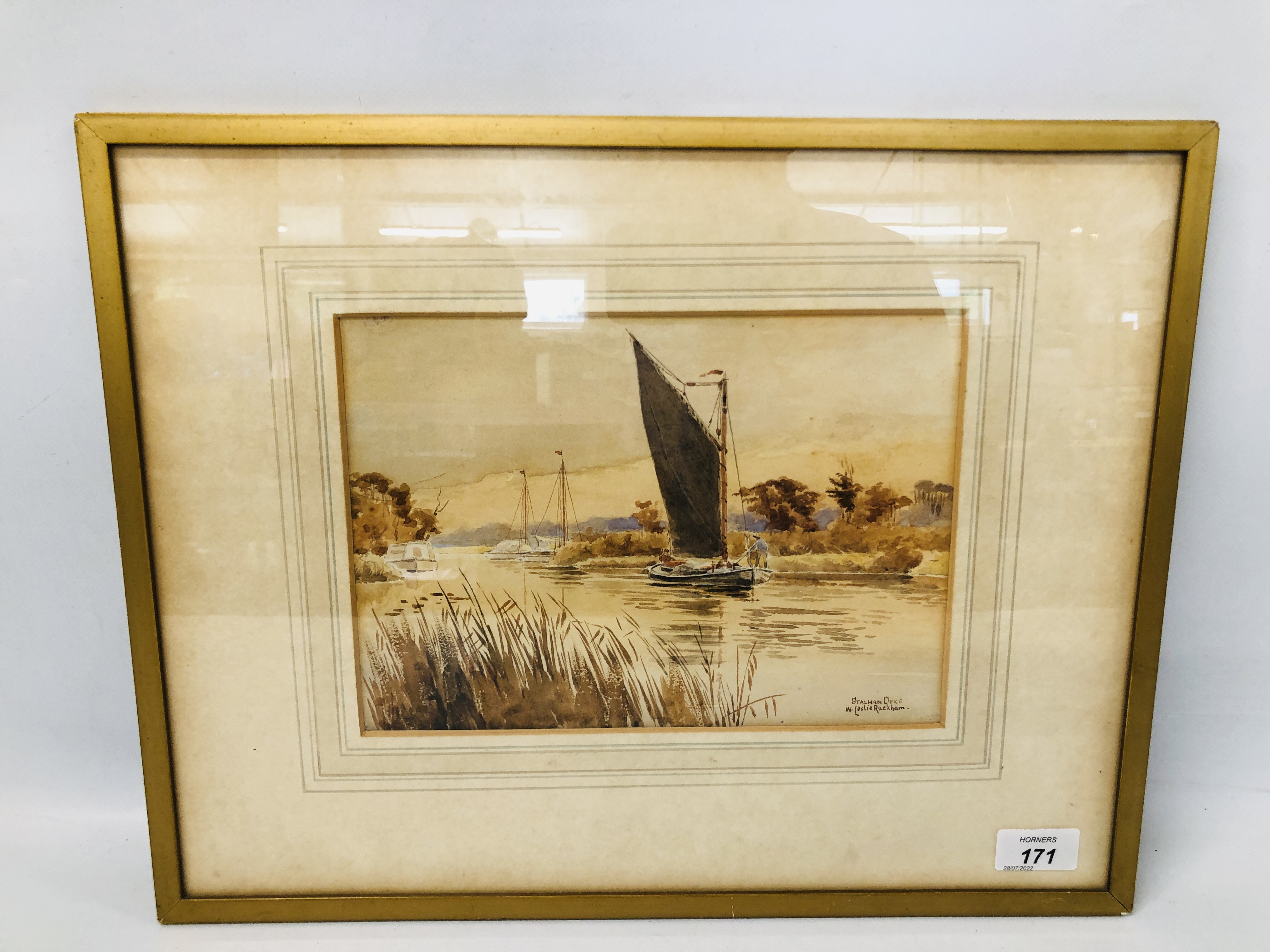 FRAMED ORIGINAL WATERCOLOUR "STALHAM DYKE" BEARING SIGNATURE W. LESLIE RACKHAM WIDTH 26CM.