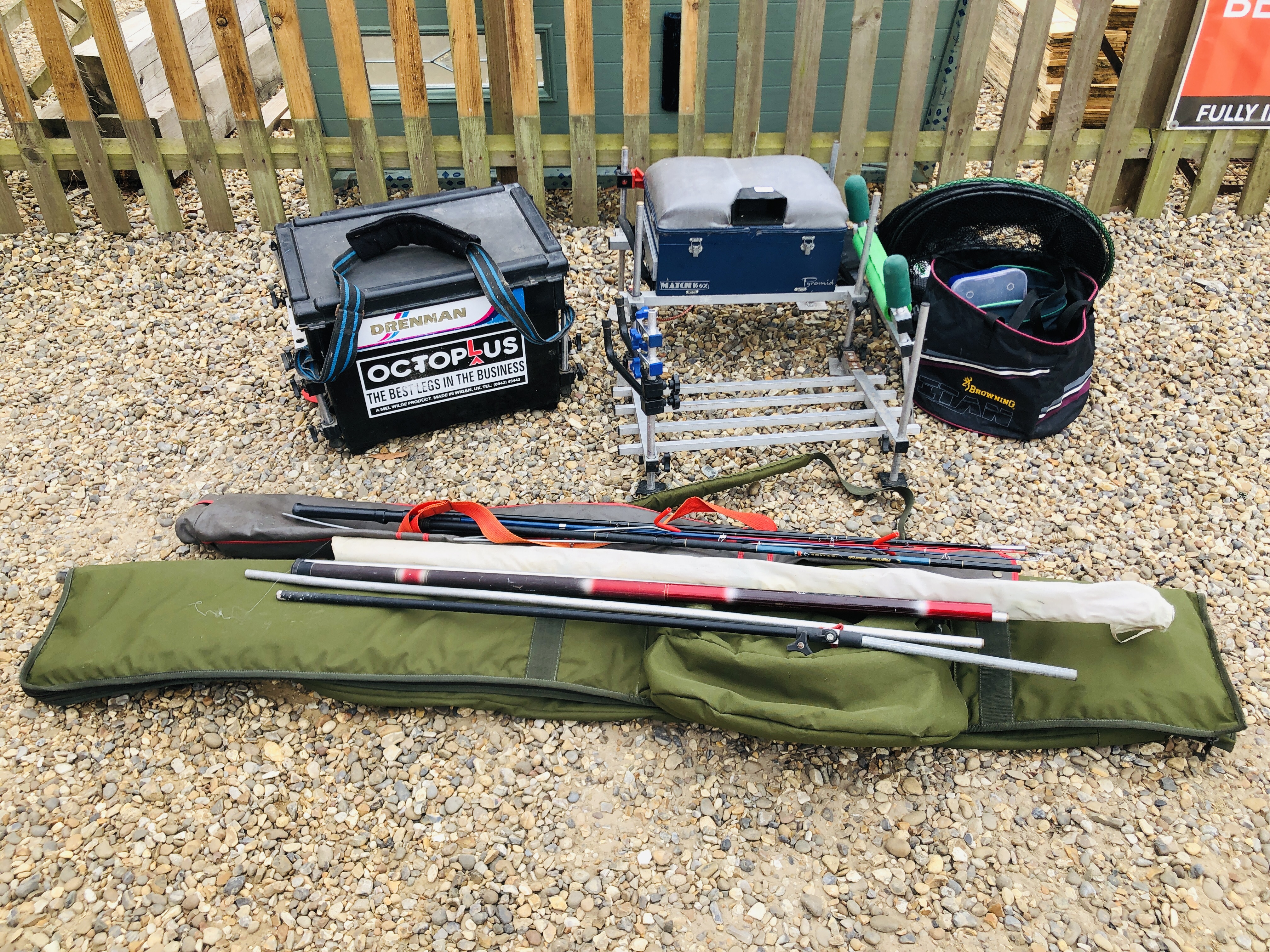 A PYRAMID FISHING MATCHBOX ALONG WITH SEAT BOX, RODS, KEEP NET ETC.