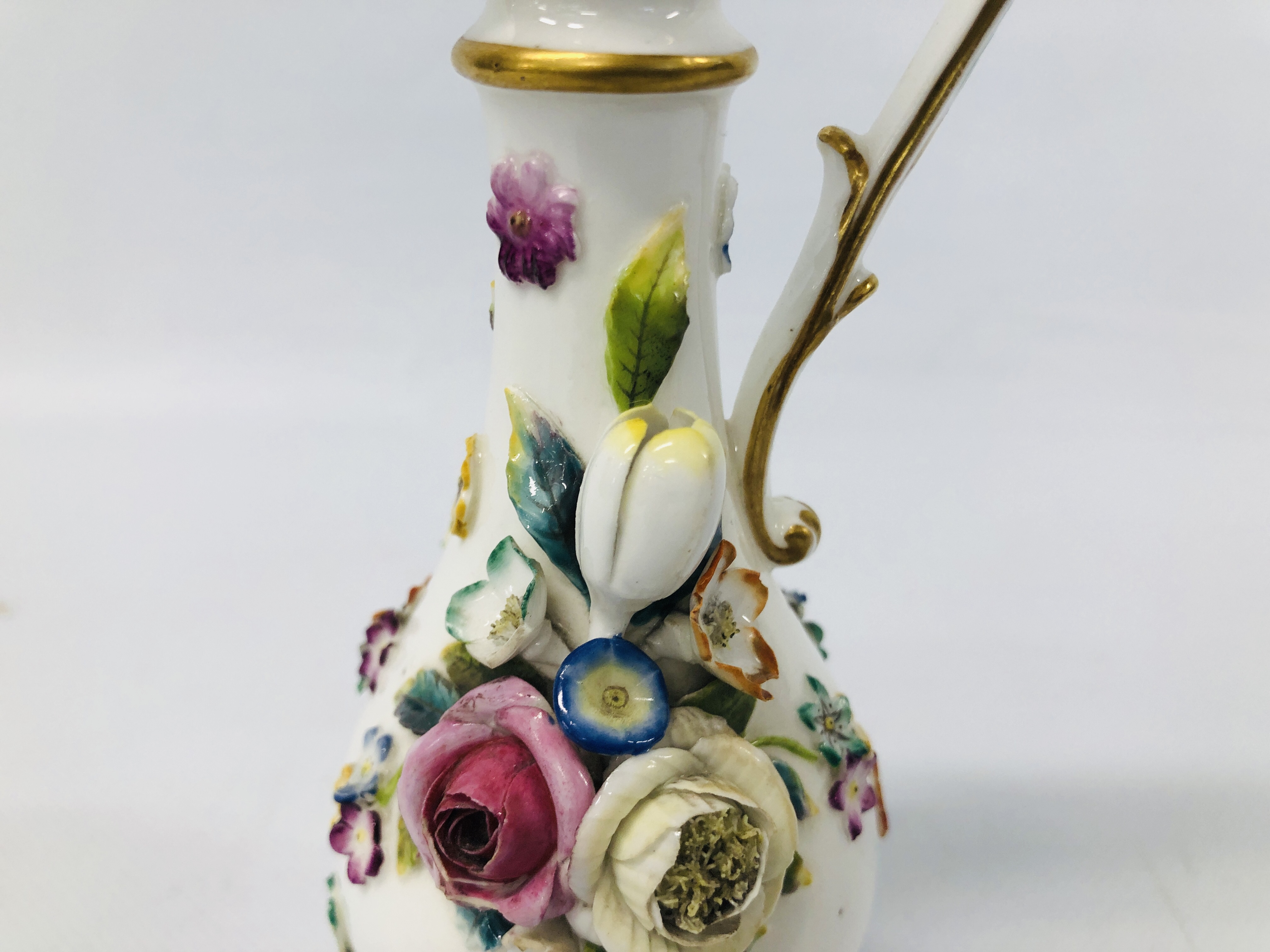 TWO C19TH STAFFORDSHIRE FLOWER ENCRUSTED TWO HANDLED VASES (ONE WITH RESTORED TOP THE OTHER WITH - Image 23 of 26