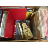BOX WITH GB AND OTHER FIRST DAY COVERS IN FIVE FOLDERS, ALSO EMPTY ALBUMS, LEAVES AND ACCESSORIES,