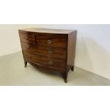 A GEORGE III MAHOGANY BOW FRONT CHEST OF FOUR DRAWERS, LATER HANDLES, A/F CONDITION, W 104CM.