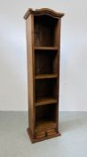 STAINED PINE FOUR TIER NARROW BOOK SHELF WITH SINGLE DRAWER TO BASE 50CM X 35CM X 190CM.