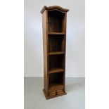 STAINED PINE FOUR TIER NARROW BOOK SHELF WITH SINGLE DRAWER TO BASE 50CM X 35CM X 190CM.