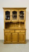 A GOOD QUALITY THREE DOOR GLAZED DRESSER WITH TWO DRAWER THREE DOOR CABINET BASE 128CM X 45CM X