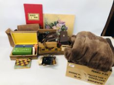 2 X BOXES OF ASSORTED COLLECTABLE'S TO INCLUDE A FUR COAT, TABLE LINEN,