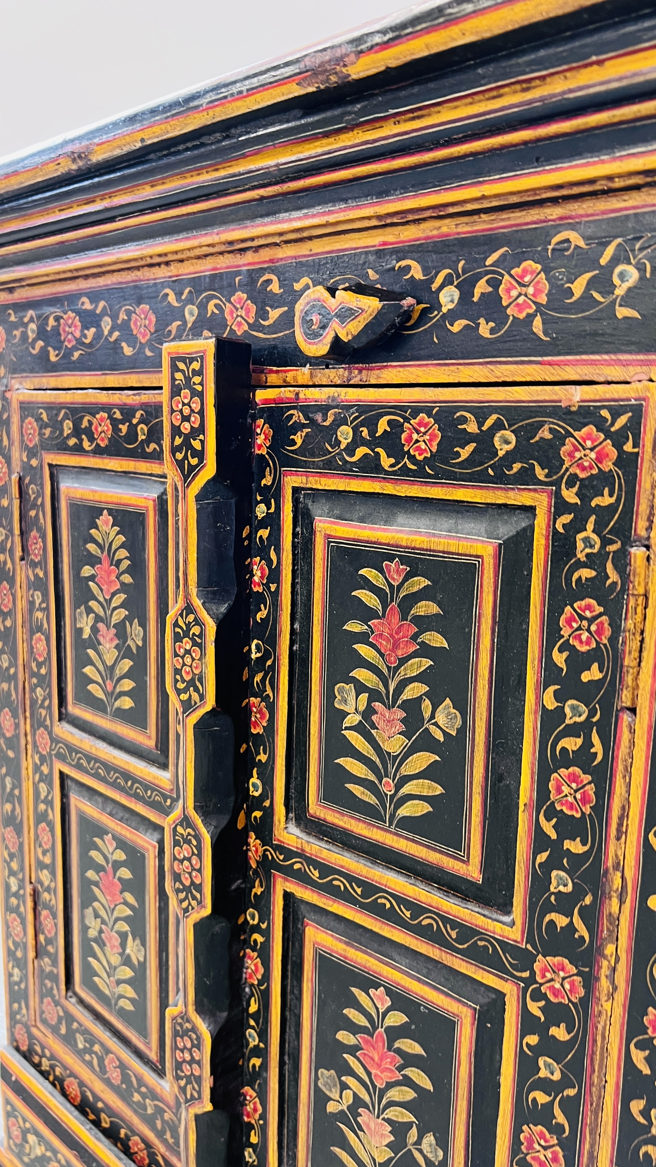 HARDWOOD EASTERN TWO DOOR TWO DRAWER CABINET WITH PAINTED CHASED AND FLOWER DECORATION, W 57CM, - Image 6 of 8