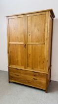 A MODERN LIGHT OAK DOUBLE WARDROBE WITH TWO DRAWERS TO BASE W 127CM, D 63CM, H 186CM.