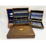 FOUR VINTAGE CASED CUTLERY SETS IN FITTED WOODEN BOXES (NOT GUARANTEED COMPLETE) ALONG WITH AN