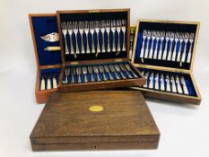 FOUR VINTAGE CASED CUTLERY SETS IN FITTED WOODEN BOXES (NOT GUARANTEED COMPLETE) ALONG WITH AN