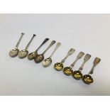 FOUR C19th OLD ENGLISH PATTERN SILVER GILT SALT SPOONS ALONG WITH THREE SILVER EGGS AND TWO SILVER