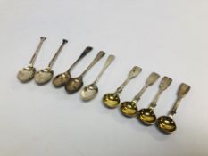 FOUR C19th OLD ENGLISH PATTERN SILVER GILT SALT SPOONS ALONG WITH THREE SILVER EGGS AND TWO SILVER