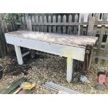 LARGE VINTAGE WORKSHOP BENCH WITH WOODEN VICE LENGTH 213CM X HEIGHT 85CM.