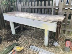 LARGE VINTAGE WORKSHOP BENCH WITH WOODEN VICE LENGTH 213CM X HEIGHT 85CM.