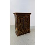 HARDWOOD EASTERN TWO DOOR TWO DRAWER CABINET WITH PAINTED CHASED AND FLOWER DECORATION, W 57CM,