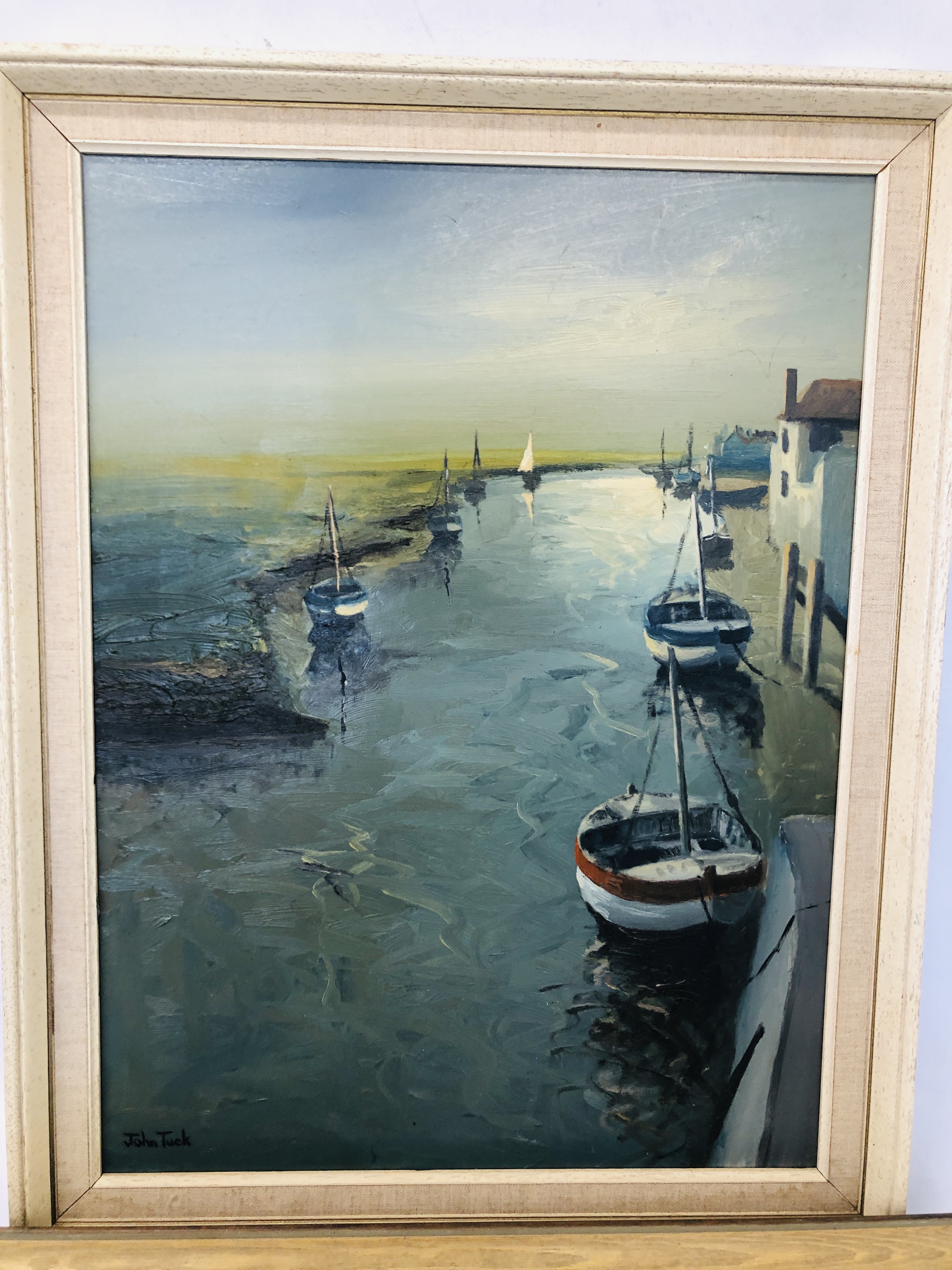 2 FRAMED JOHN TUCK OIL ON BOARD PAINTINGS OF WELLS HARBOUR AND BURNHAM OVERY STAITHE 44 X 59CM. - Image 4 of 6