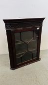 A SMALL VICTORIAN WALL HANGING CORNER DISPLAY CABINET WITH ASTRAGAL GLAZED DOOR H 65CM.