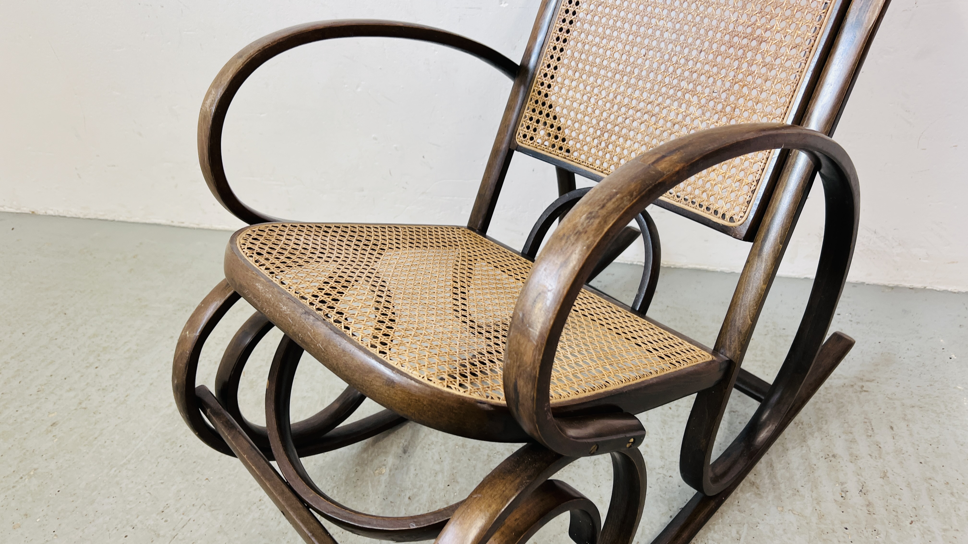 A BENTWOOD ROCKING CHAIR WITH RATTAN SEAT AND BACK - Image 3 of 5