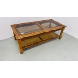 RECTANGULAR GLASS TOP COFFEE TABLE WITH RATTAN TIER BELOW,