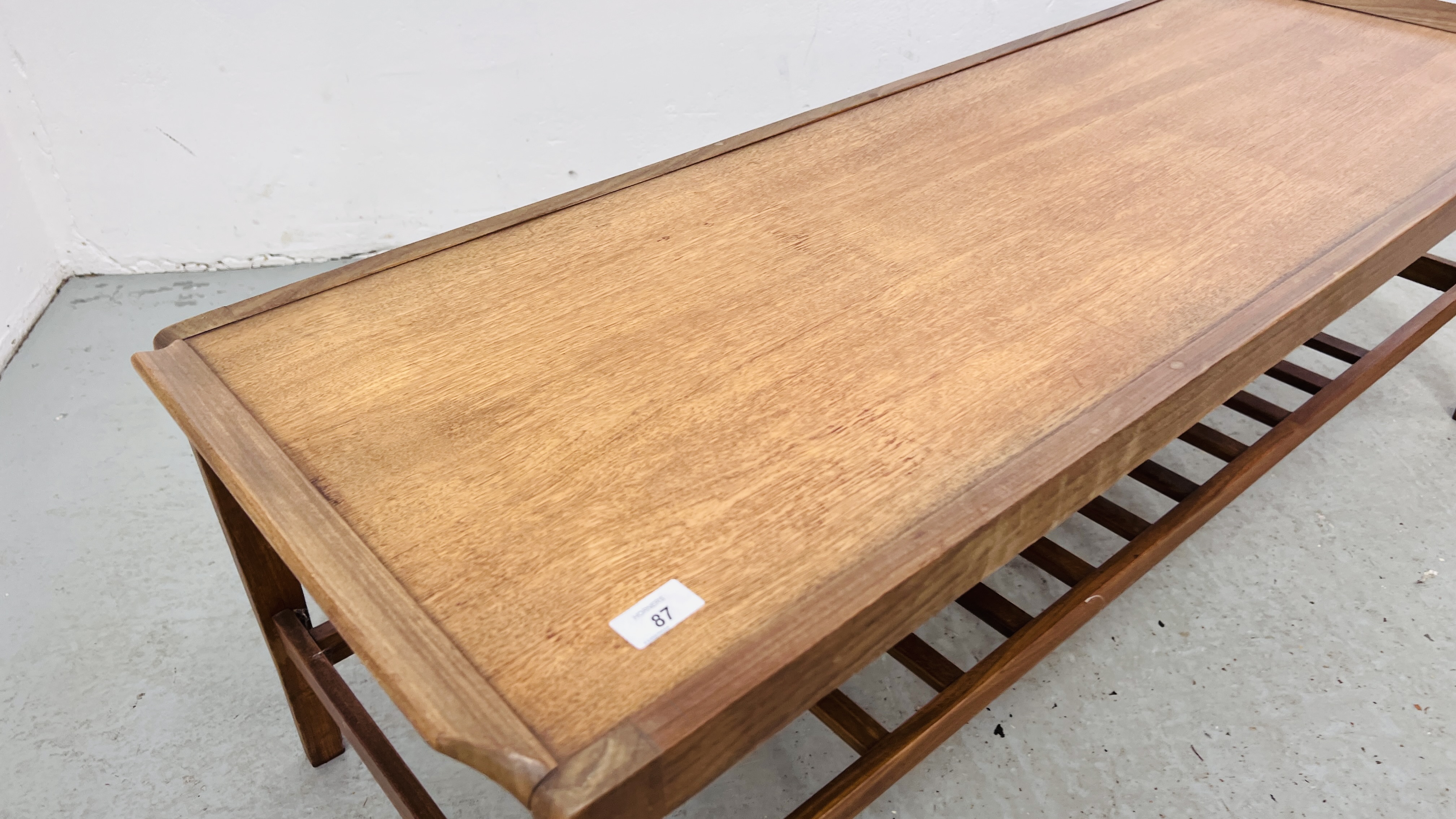 A MID CENTURY REMPLOY TEAK RECTANGULAR COFFEE TABLE WITH SLATTED SHELF BELOW W 44CM, L 125CM, - Image 3 of 7