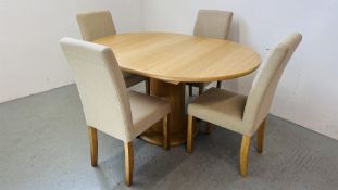 GOOD QUALITY MODERN BEECHWOOD FINISH CIRCULAR EXTENDING DINING TABLE ON SINGLE PEDESTAL BASE DIA.