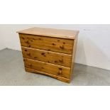 A MODERN PINE FINISH THREE DRAWER CHEST W 81CM, D 44CM, H 69CM.