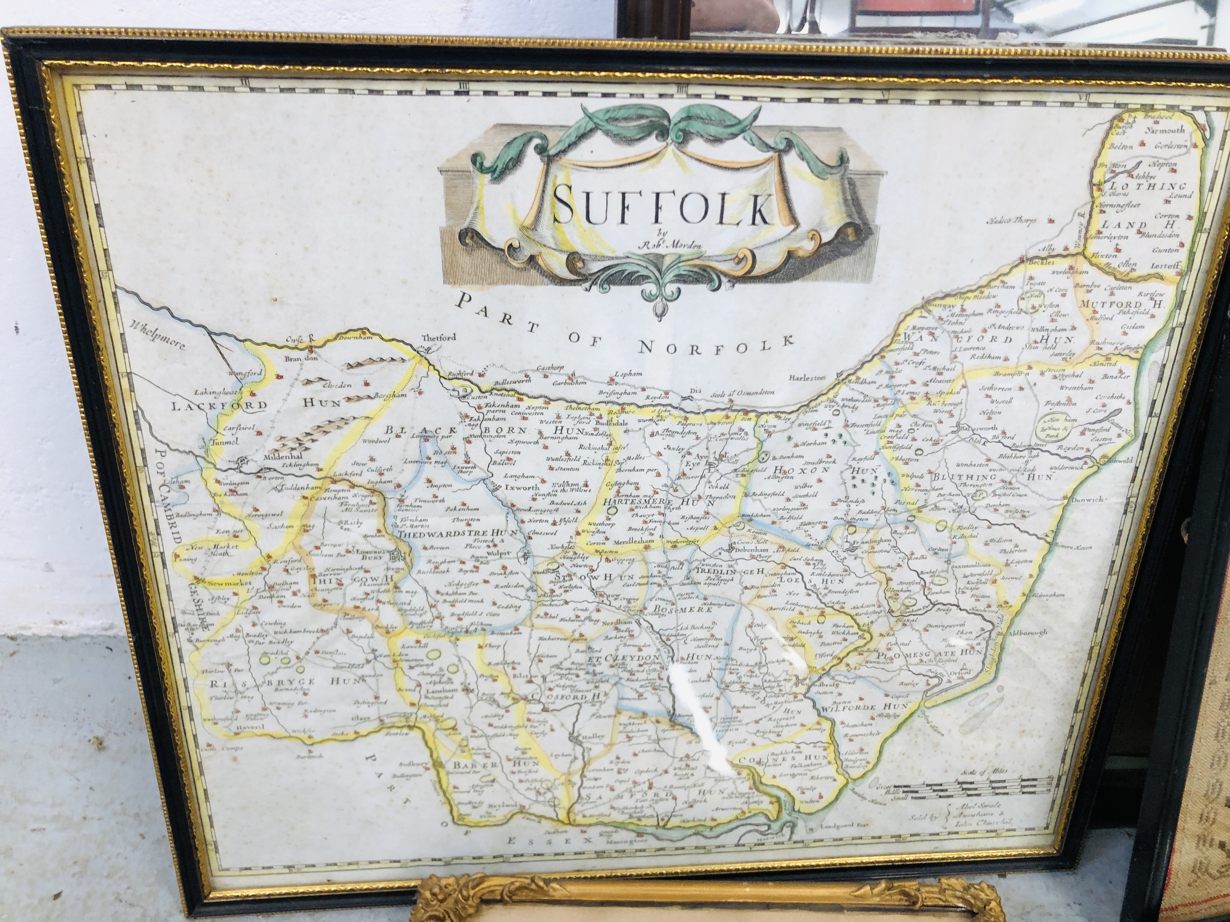 A MAHOGANY FRETWORK MIRROR, A FRAMED MORDENS MAP OF SUFFOLK, - Image 5 of 6