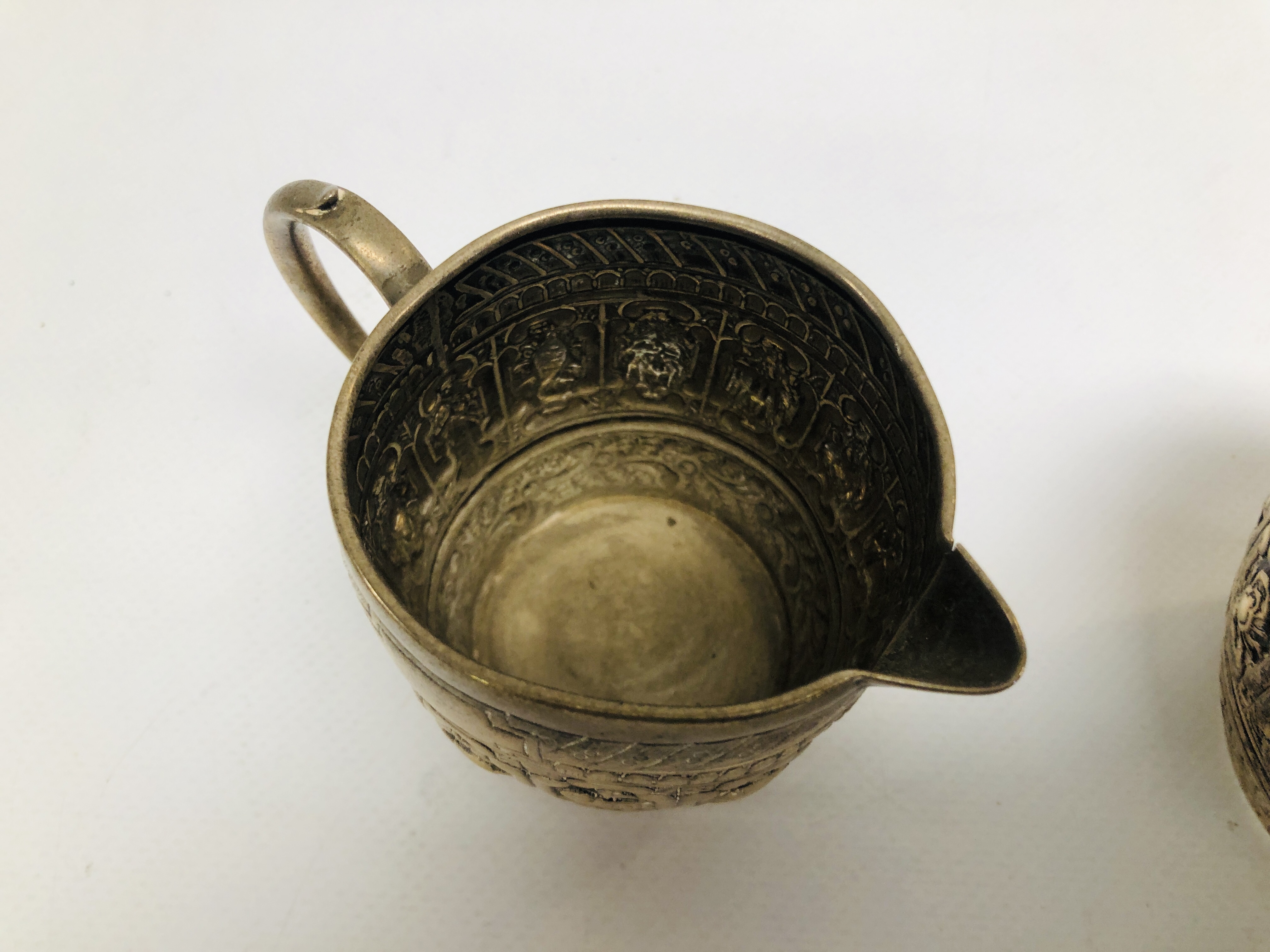 AN UNUSUAL SILVER SUGAR BOWL AND CREAM JUG EMBOSSED DECORATION DEPICTING ANIMALS, - Image 7 of 14