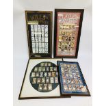 FOUR FRAMED CIGARETTE CARD DISPLAYS TO INCLUDE PLAYERS AND WILLS.