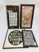 FOUR FRAMED CIGARETTE CARD DISPLAYS TO INCLUDE PLAYERS AND WILLS.