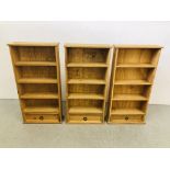 3 X MEXICAN PINE SHELF UNITS WITH DRAWERS TO BASE - EACH W 52.5CM, D 18CM, H 103CM.