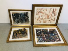 FOUR FRAMED AND MOUNTED ORIGINAL ART WORKS INCLUDING WATERCOLOUR, PASTEL UNSIGNED,