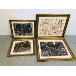 FOUR FRAMED AND MOUNTED ORIGINAL ART WORKS INCLUDING WATERCOLOUR, PASTEL UNSIGNED,