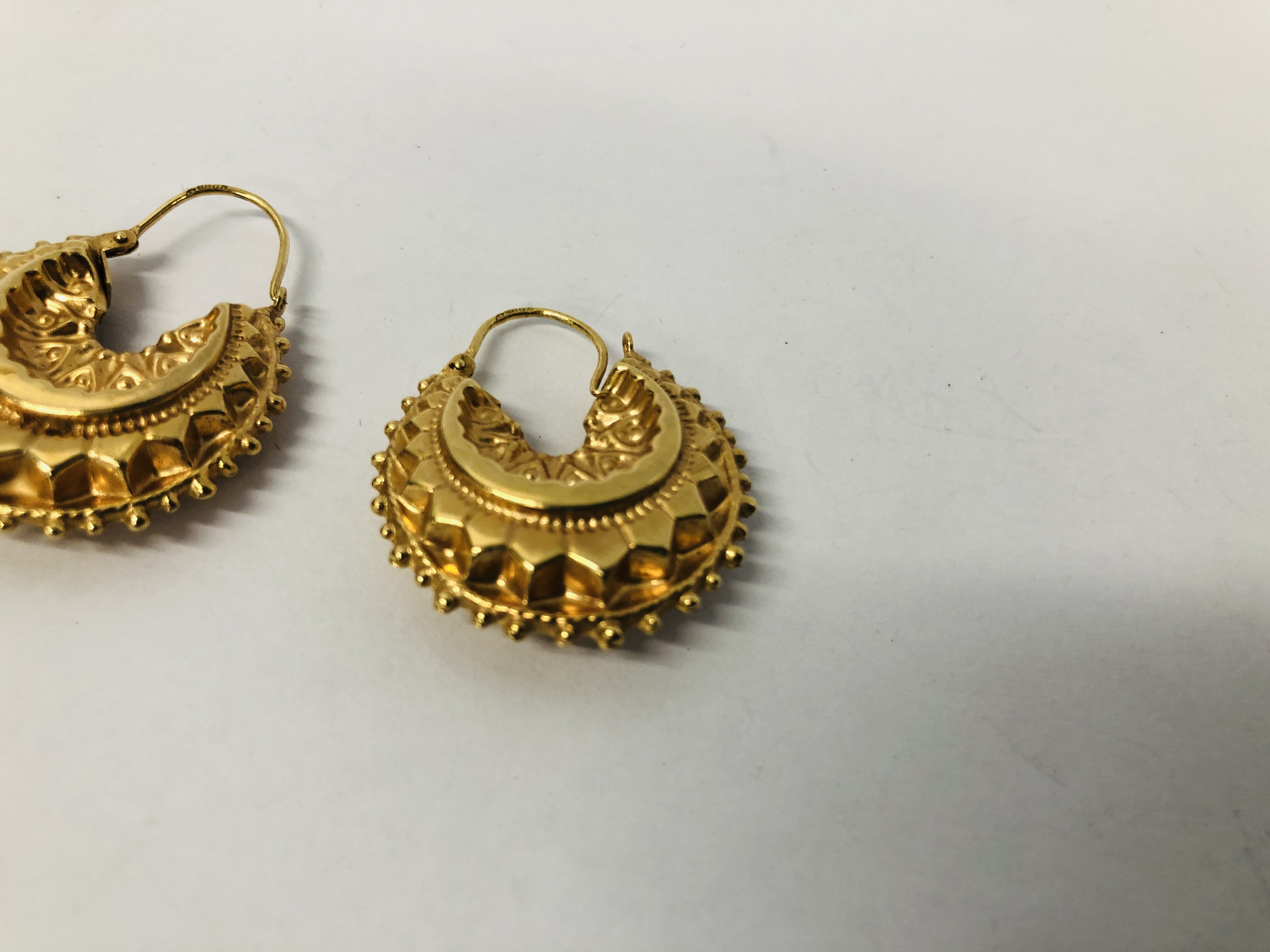 PAIR OF 9CT. GOLD CREOLE HOOP EARRINGS. - Image 3 of 7