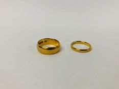 TWO X 22CT. GOLD WEDDING BANDS.