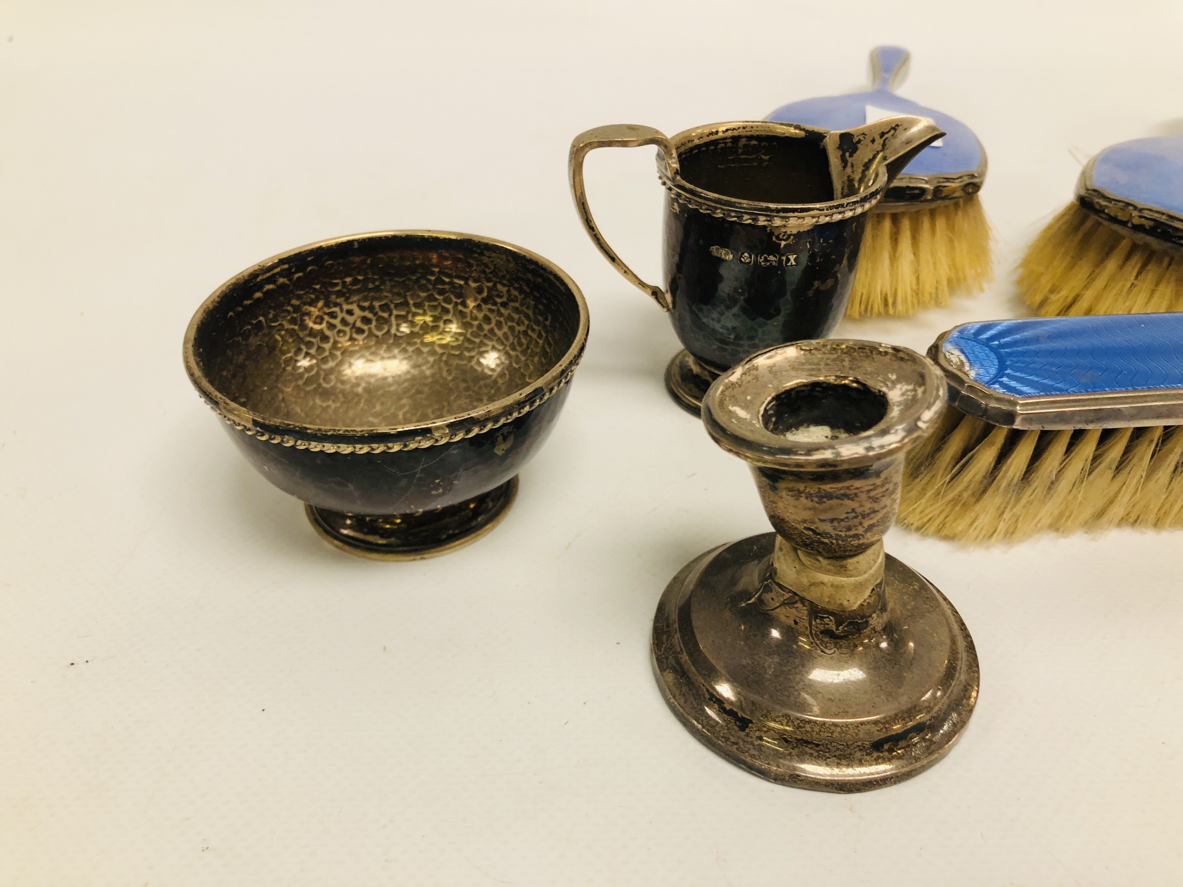 VINTAGE 4 PIECE SILVER BACKED DRESSING TABLE BRUSHES / MIRROR, BLUE ENAMELLED DETAIL, - Image 5 of 8