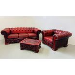 A THREE SEATER OXBLOOD RED CHESTERFIELD SOFA ALONG WITH AN ARM CHAIR AND FOOTSTOOL - TRADE ONLY