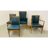 FOUR MID CENTURY OAK FRAMED CHAIRS WITH BLUE LEATHER UPHOLSTERED SEATS AND BACKS (1 X HIGH BACK