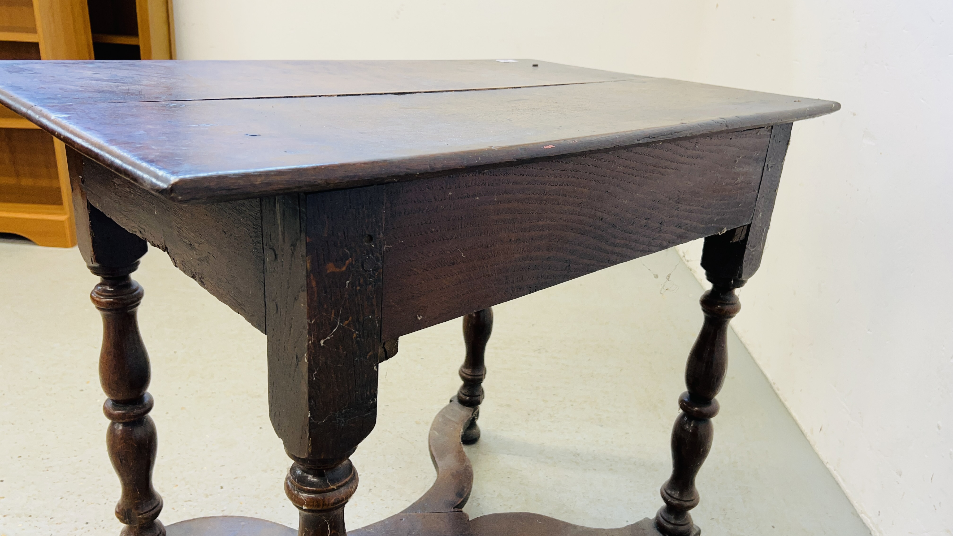 A LATE C17th OAK SINGLE DRAWER SIDE TABLE WITH A WAVY X STRETCHER, W 88CM. - Image 13 of 15