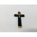 VINTAGE MOURNING PENDANT CROSS SET WITH SEED PEARLS, FINE YELLOW METAL DETAIL.