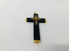 VINTAGE MOURNING PENDANT CROSS SET WITH SEED PEARLS, FINE YELLOW METAL DETAIL.