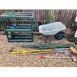 A QUANTITY OF GARDEN CANES, STEEL SPIRAL CLIMBERS, WOLF GARTEN MULTI TOOLS, STAINLESS STEEL SPADE,