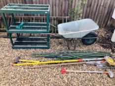 A QUANTITY OF GARDEN CANES, STEEL SPIRAL CLIMBERS, WOLF GARTEN MULTI TOOLS, STAINLESS STEEL SPADE,