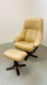 A CREAM LEATHER SWIVEL RELAXER CHAIR WITH MATCHING FOOTSTOOL