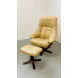 A CREAM LEATHER SWIVEL RELAXER CHAIR WITH MATCHING FOOTSTOOL