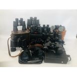 A BOX OF 12 PAIRS OF BINOCULARS TO INCLUDE WWI ( SOME A/F).