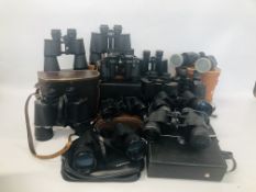 A BOX OF 12 PAIRS OF BINOCULARS TO INCLUDE WWI ( SOME A/F).